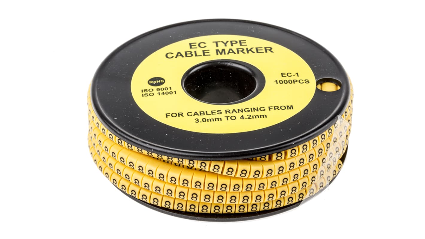 RS PRO Slide On Cable Markers, Black on Yellow, Pre-printed "8", 3 → 4.2mm Cable