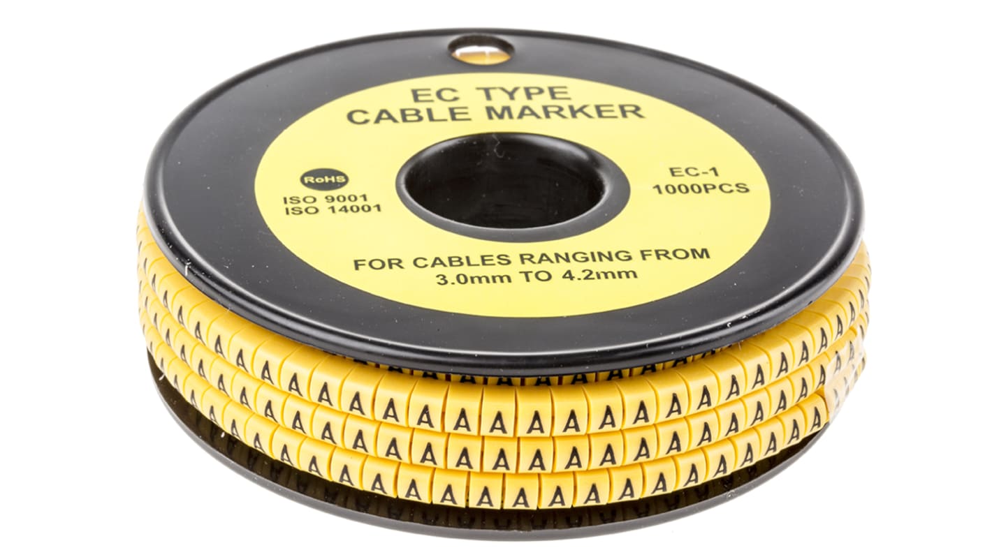 RS PRO Slide On Cable Markers, Black on Yellow, Pre-printed "A", 3 → 4.2mm Cable