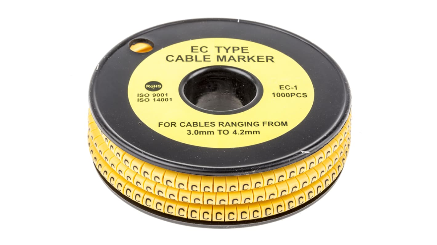 RS PRO Slide On Cable Markers, Black on Yellow, Pre-printed "C", 3 → 4.2mm Cable