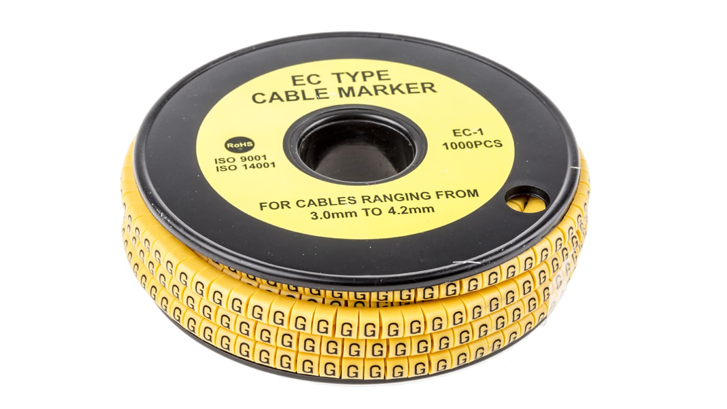 Marcadores de cable RS PRO de PVC Negro sobre Amarillo, texto: G, Ø máx. 4.2mm, montaje: Deslizante, 1000 uds.