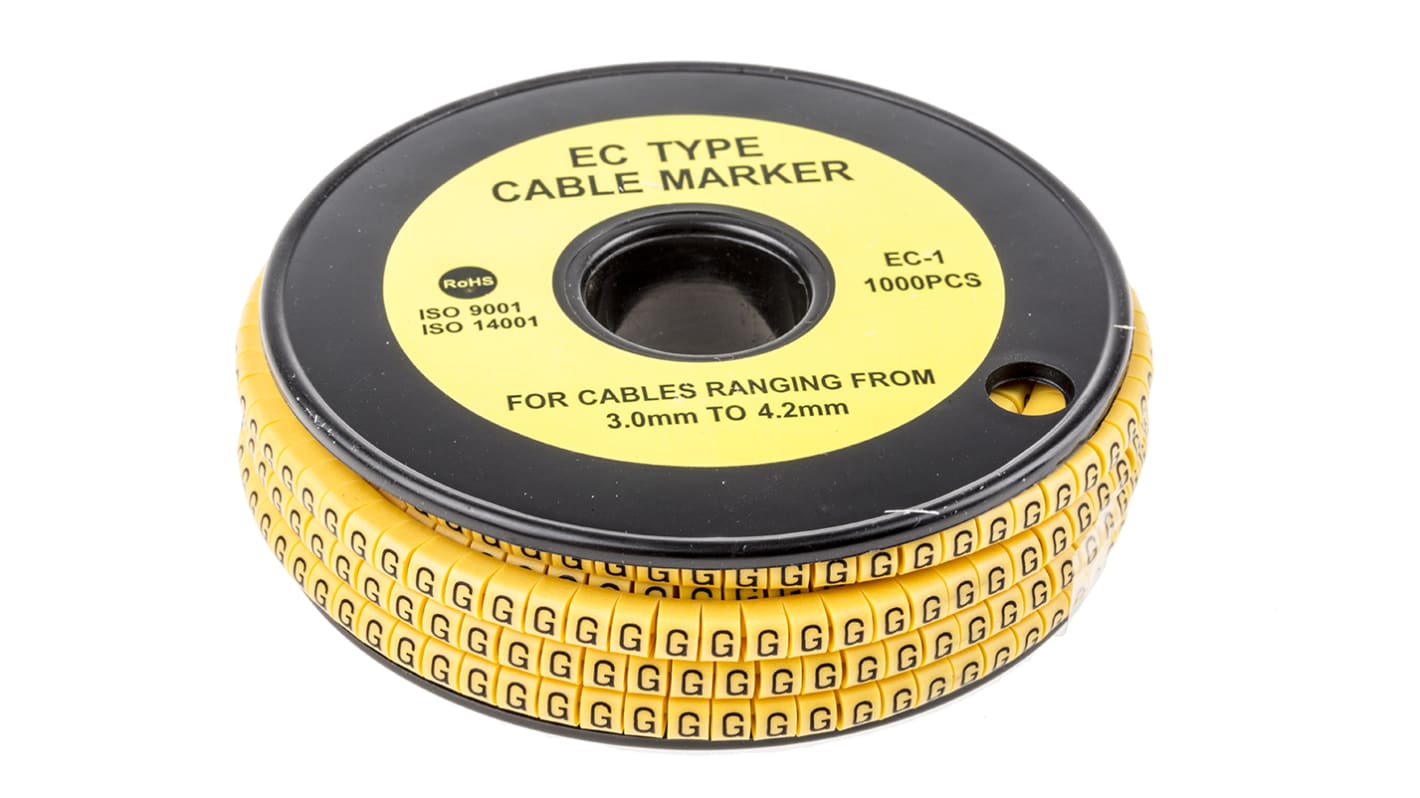 RS PRO Slide On Cable Markers, Black on Yellow, Pre-printed "G", 3 → 4.2mm Cable