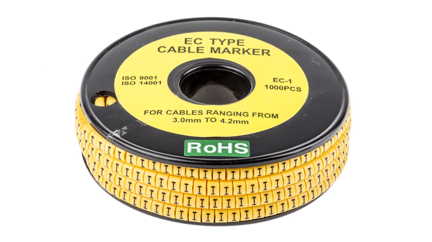 RS PRO Kabel-Markierer, aufsteckbar, Beschriftung: I, Schwarz auf Gelb, Ø 3mm - 4.2mm, 4mm, 1000 Stück