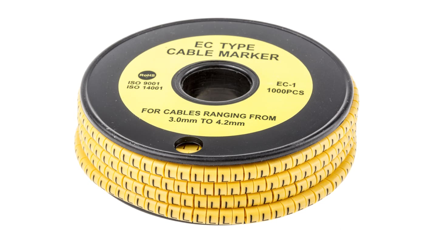 Marcadores de cable RS PRO de PVC Negro sobre Amarillo, texto: L, Ø máx. 4.2mm, montaje: Deslizante, 1000 uds.