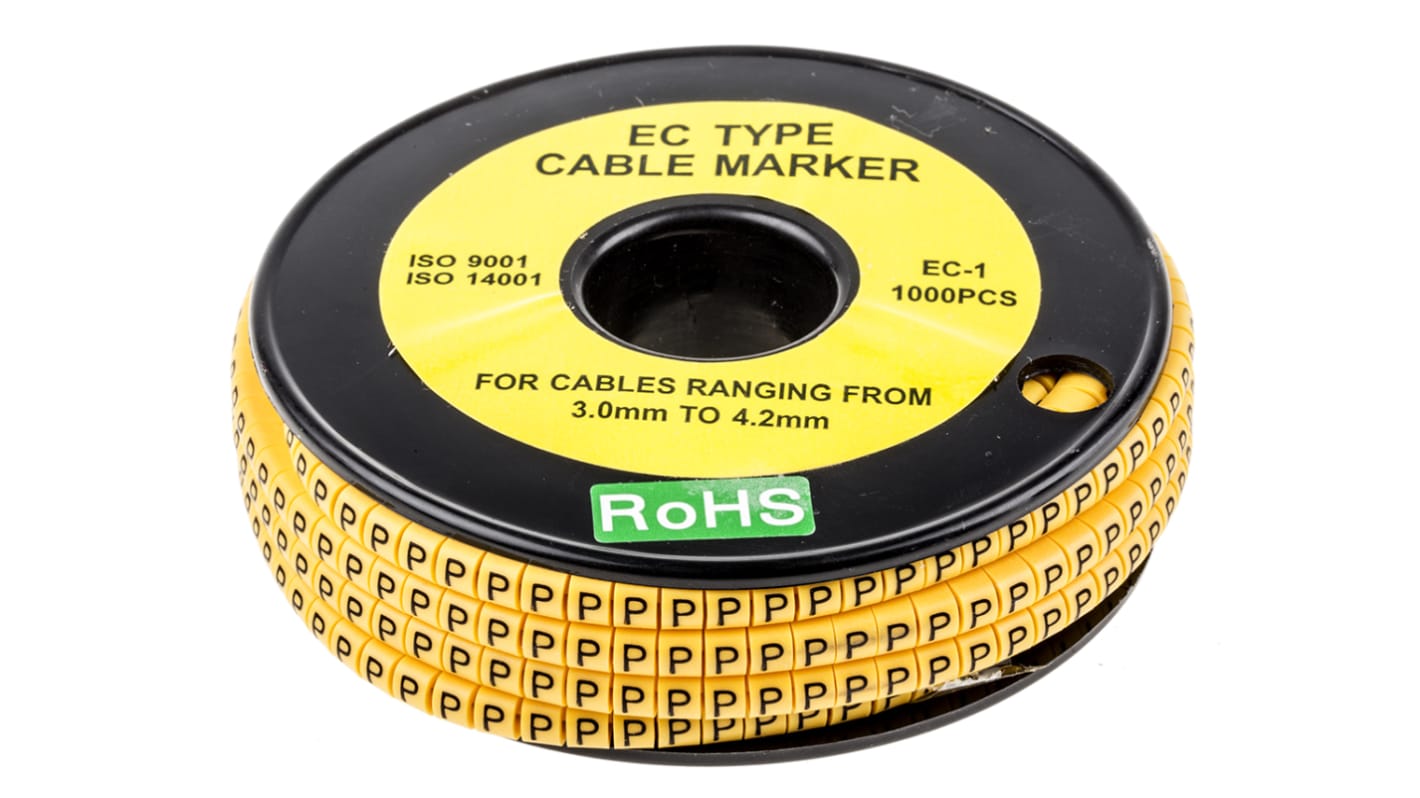 RS PRO Slide On Cable Markers, Black on Yellow, Pre-printed "P", 3 → 4.2mm Cable