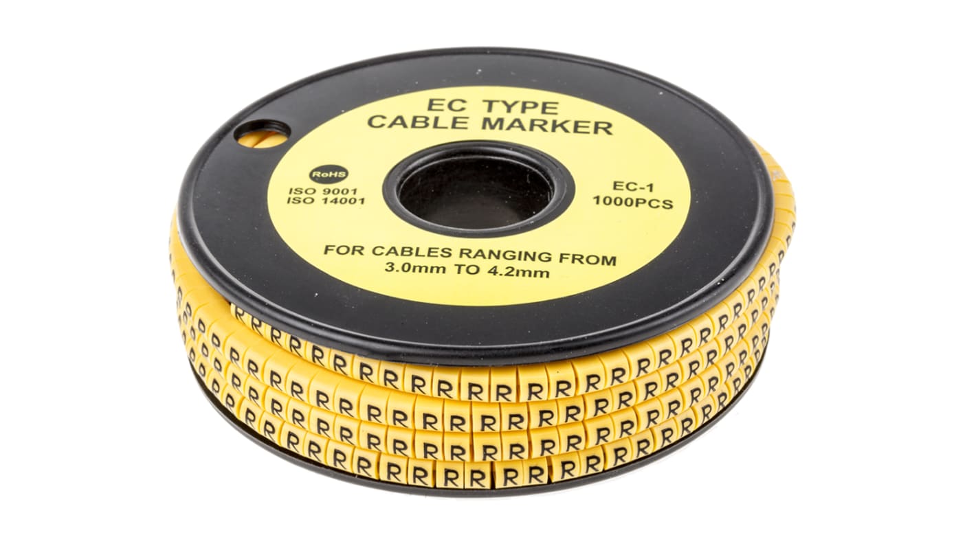 Marcadores de cable RS PRO de PVC Negro sobre Amarillo, texto: R, Ø máx. 4.2mm, montaje: Deslizante, 1000 uds.