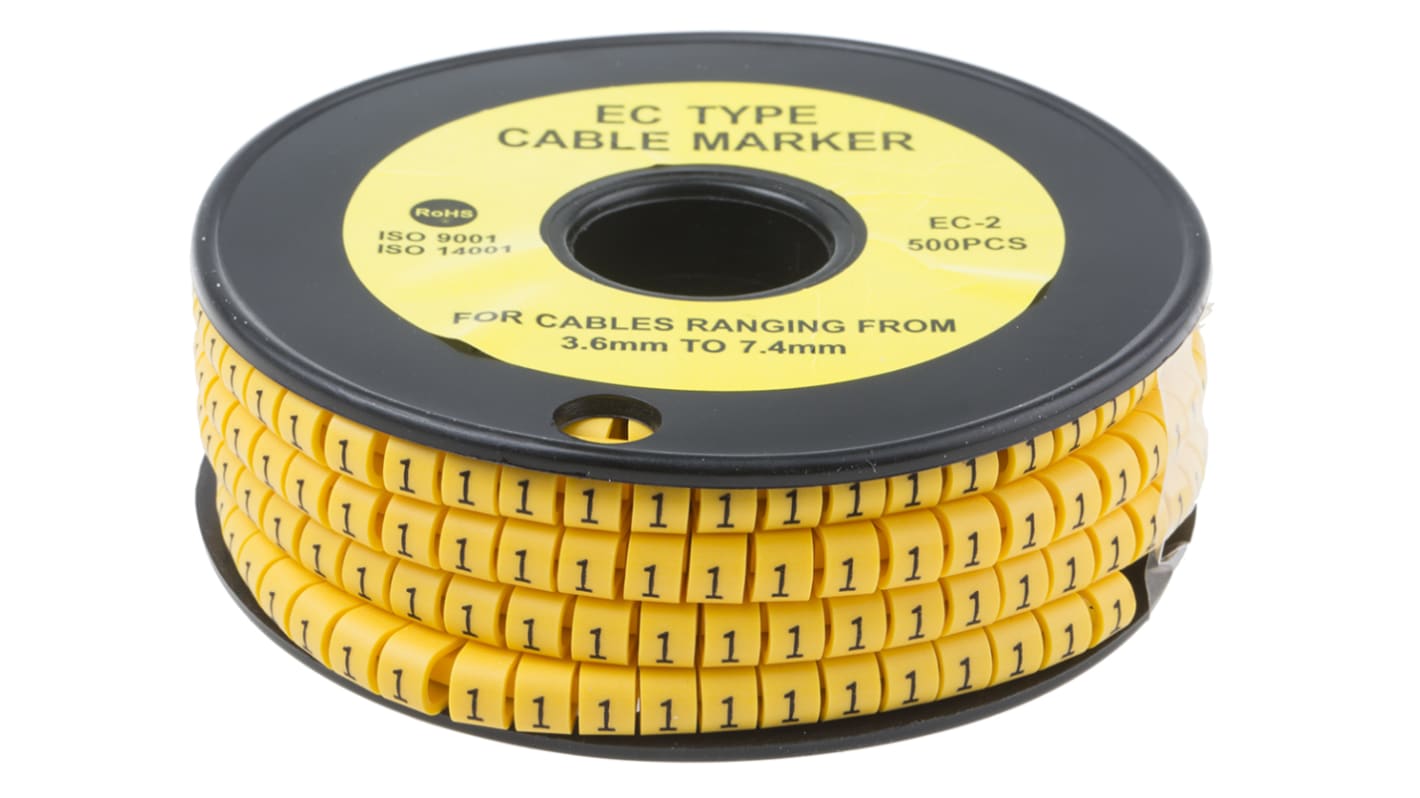 RS PRO Kabel-Markierer, aufsteckbar, Beschriftung: 1, Schwarz auf Gelb, Ø 3.6mm - 7.4mm, 5mm, 500 Stück