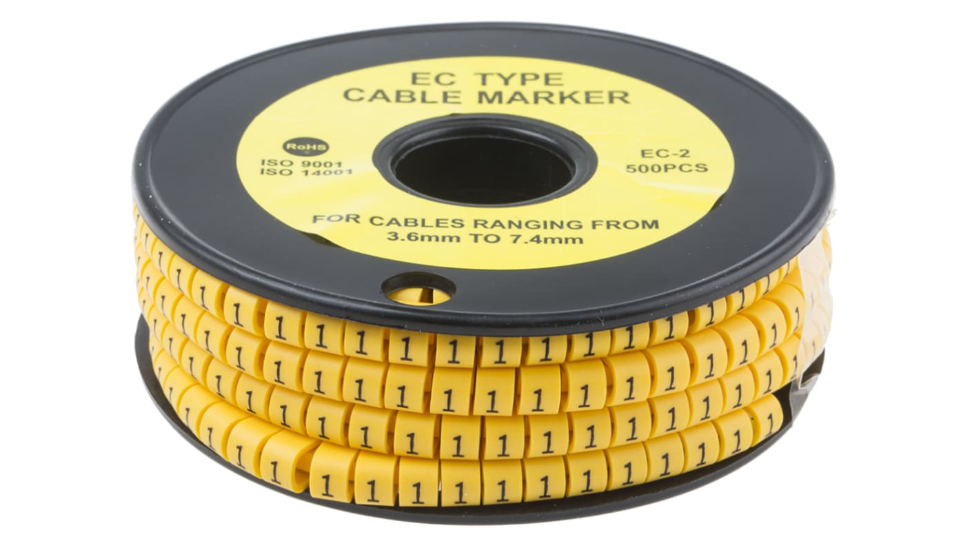 RS PRO Slide On Cable Markers, Black on Yellow, Pre-printed "1", 3.6 → 7.4mm Cable