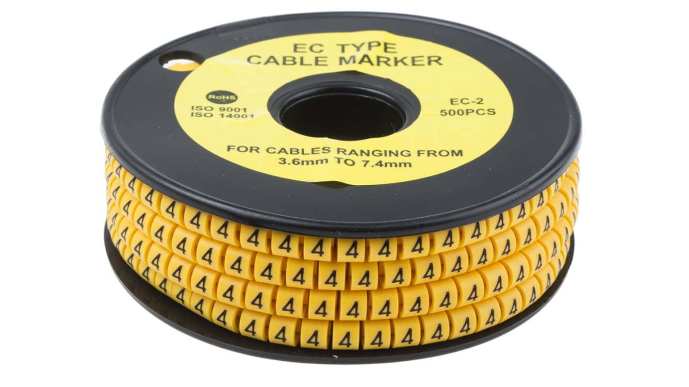 Marqueurs de câbles RS PRO , Ø câble 3.6 → 7.4mm, texte : 4, Noir sur Jaune