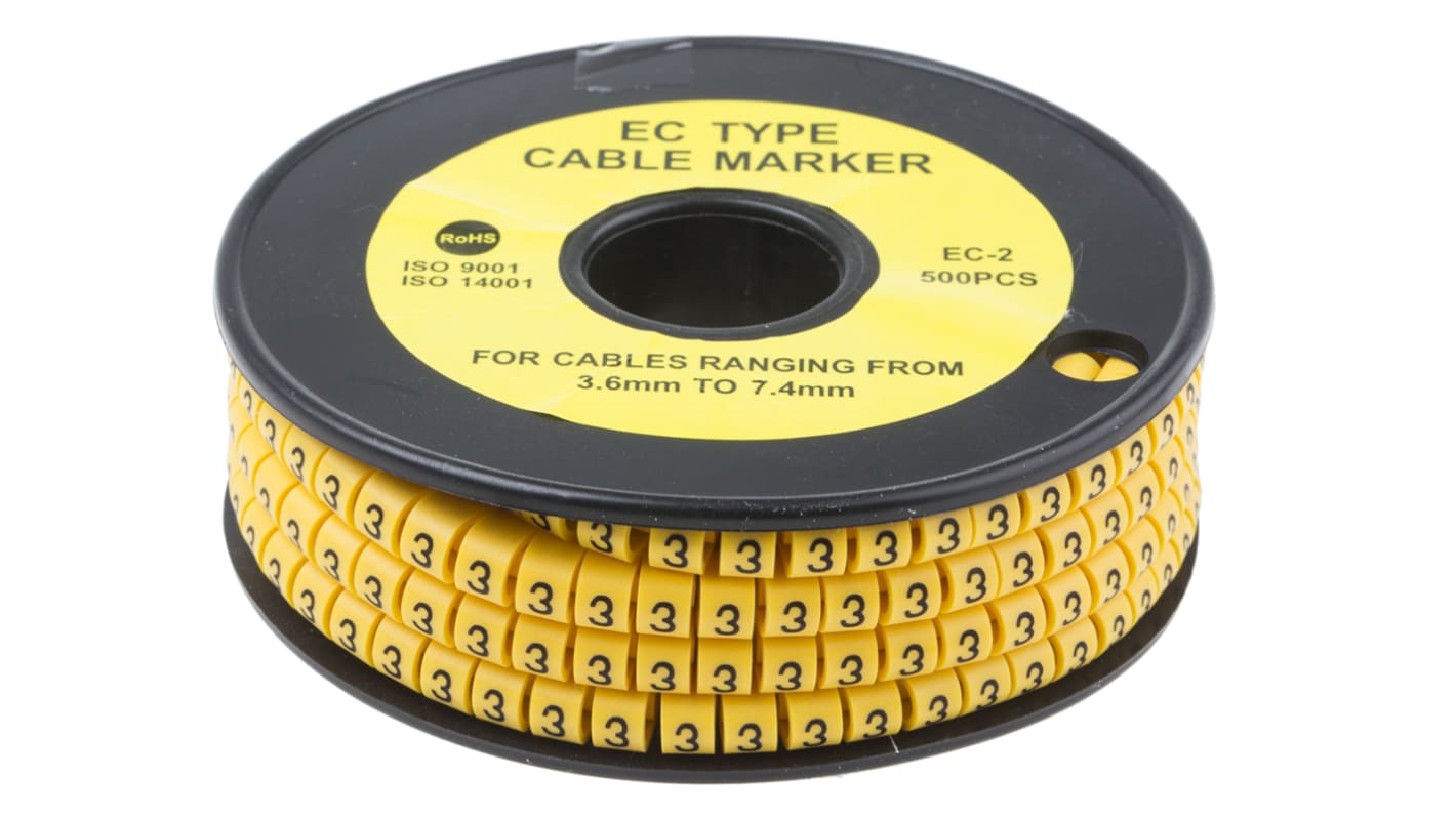RS PRO Kabel-Markierer, aufsteckbar, Beschriftung: 3, Schwarz auf Gelb, Ø 3.6mm - 7.4mm, 5mm, 500 Stück