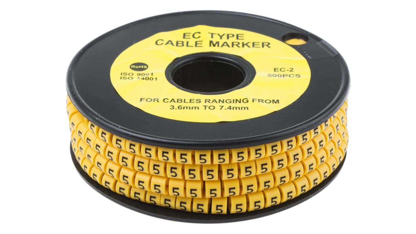 Marcadores de cable RS PRO de PVC Negro sobre Amarillo, texto: 5, Ø máx. 7.4mm, montaje: Deslizante, 500 uds.