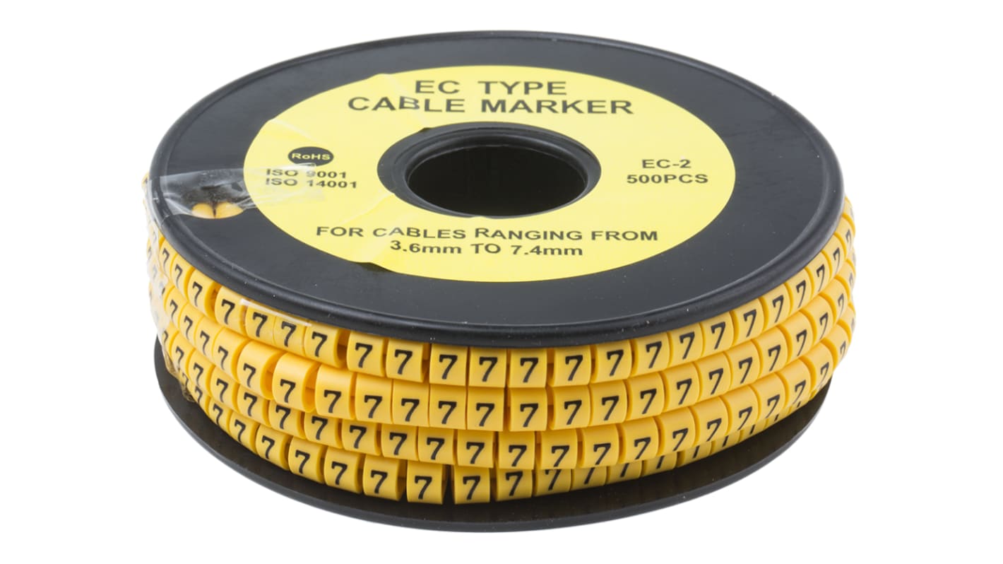 Marcadores de cable RS PRO de PVC Negro sobre Amarillo, texto: 7, Ø máx. 7.4mm, montaje: Deslizante, 500 uds.