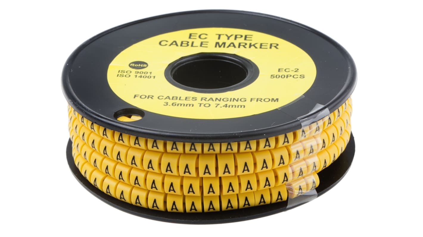 Marcadores de cable RS PRO de PVC Negro sobre Amarillo, texto: A, Ø máx. 7.4mm, montaje: Deslizante, 500 uds.