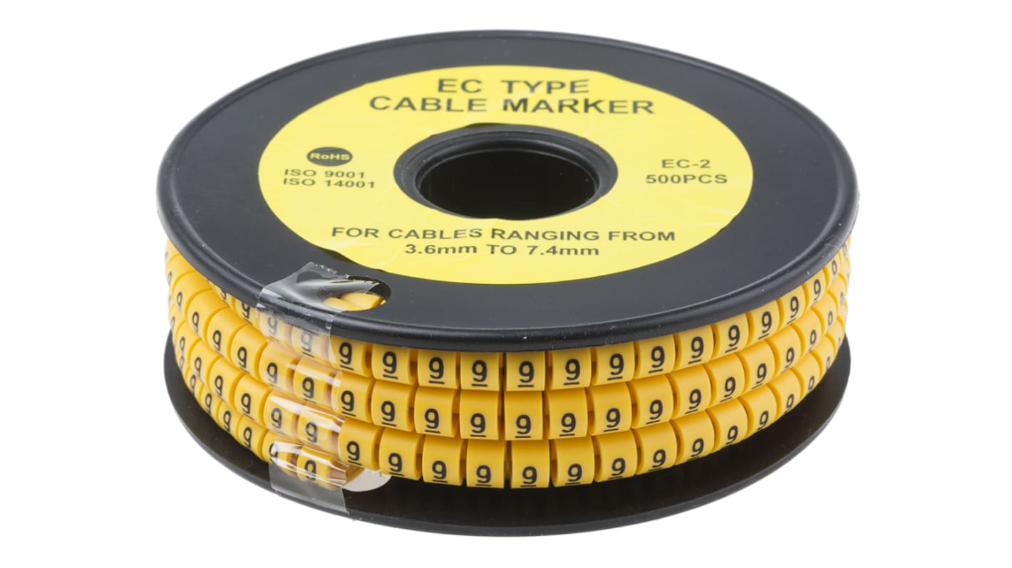 Marcadores de cable RS PRO de PVC Negro sobre Amarillo, texto: 9, Ø máx. 7.4mm, montaje: Deslizante, 500 uds.