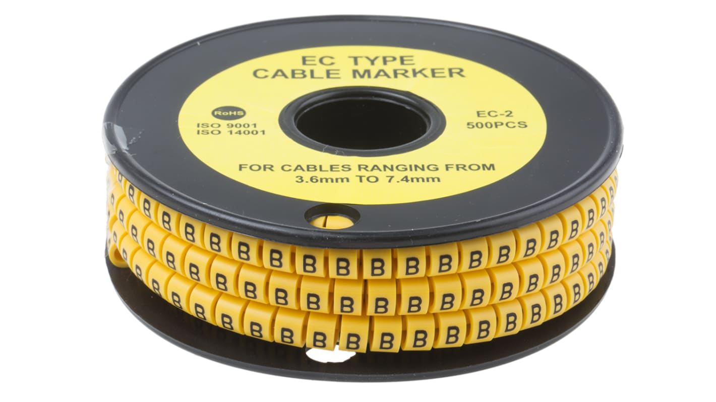 Marqueurs de câbles RS PRO , Ø câble 3.6 → 7.4mm, texte : B, Noir sur Jaune