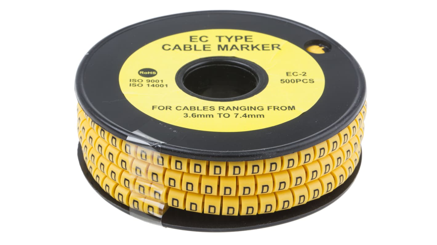 Marcadores de cable RS PRO de PVC Negro sobre Amarillo, texto: D, Ø máx. 7.4mm, montaje: Deslizante, 500 uds.