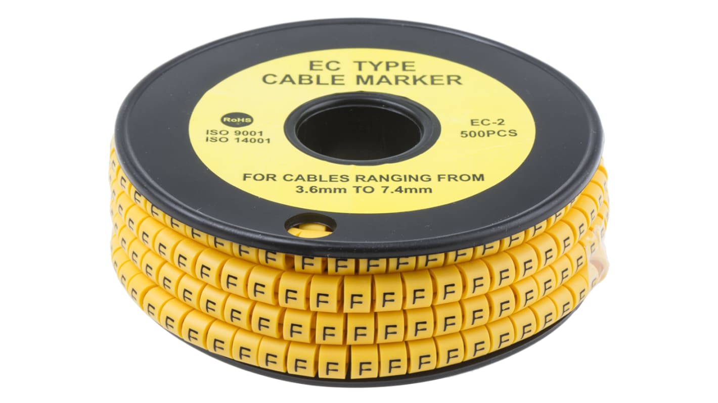 Marcadores de cable RS PRO de PVC Negro sobre Amarillo, texto: F, Ø máx. 7.4mm, montaje: Deslizante, 500 uds.