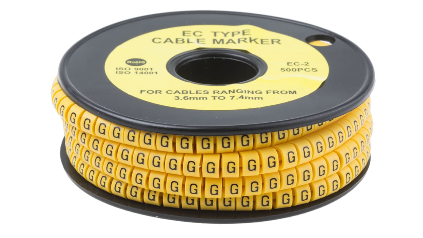 Marqueurs de câbles RS PRO , Ø câble 3.6 → 7.4mm, texte : G, Noir sur Jaune