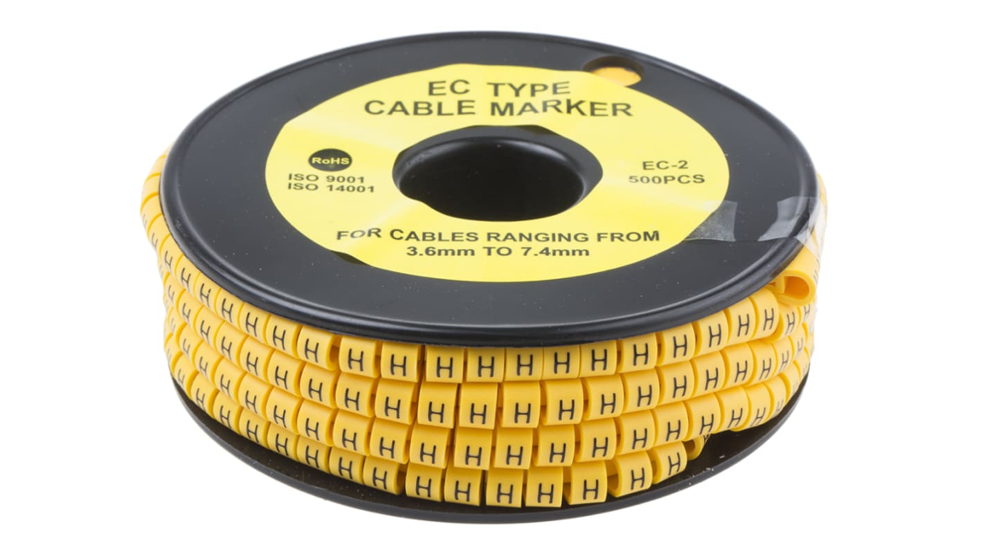 Marcadores de cable RS PRO de PVC Negro sobre Amarillo, texto: H, Ø máx. 7.4mm, montaje: Deslizante, 500 uds.