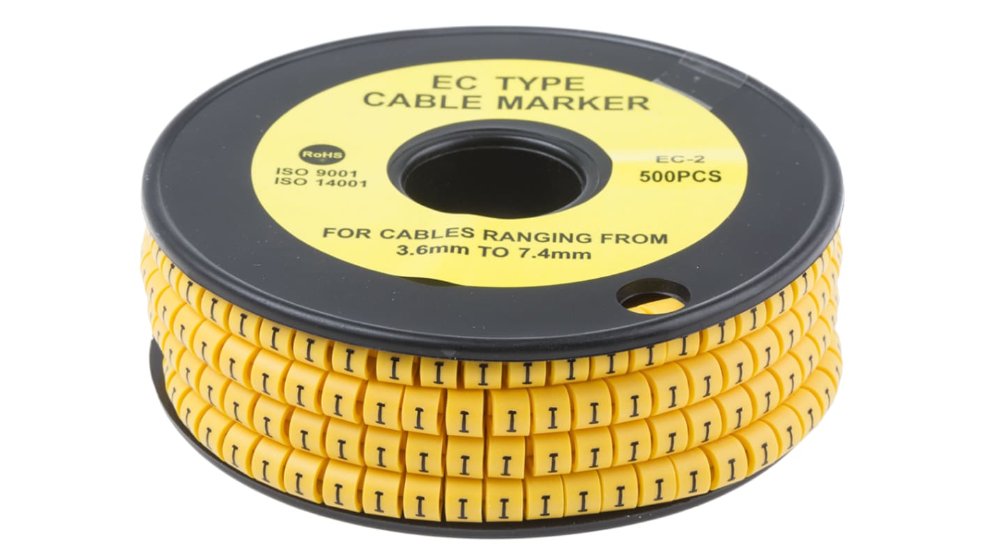 RS PRO Slide On Cable Markers, Black on Yellow, Pre-printed "I", 3.6 → 7.4mm Cable