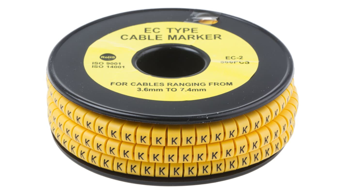 Marcadores de cable RS PRO de PVC Negro sobre Amarillo, texto: K, Ø máx. 7.4mm, montaje: Deslizante, 500 uds.