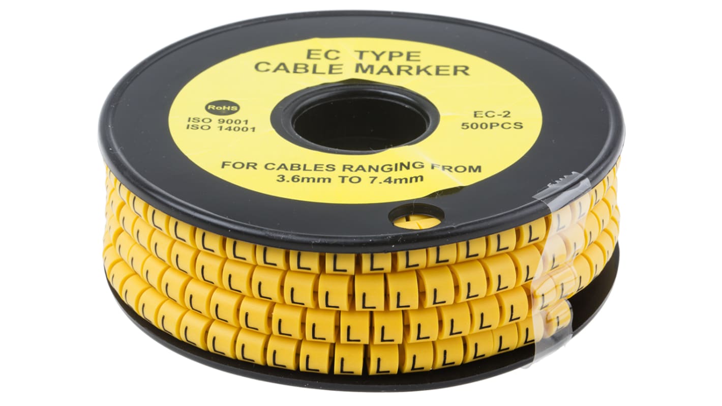 RS PRO Slide On Cable Markers, Black on Yellow, Pre-printed "L", 3.6 → 7.4mm Cable