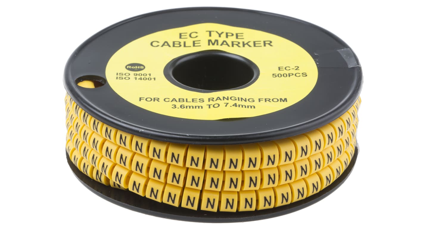 RS PRO Slide On Cable Markers, Black on Yellow, Pre-printed "N", 3.6 → 7.4mm Cable