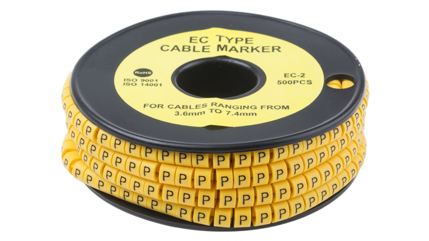 Marcadores de cable RS PRO de PVC Negro sobre Amarillo, texto: P, Ø máx. 7.4mm, montaje: Deslizante, 500 uds.