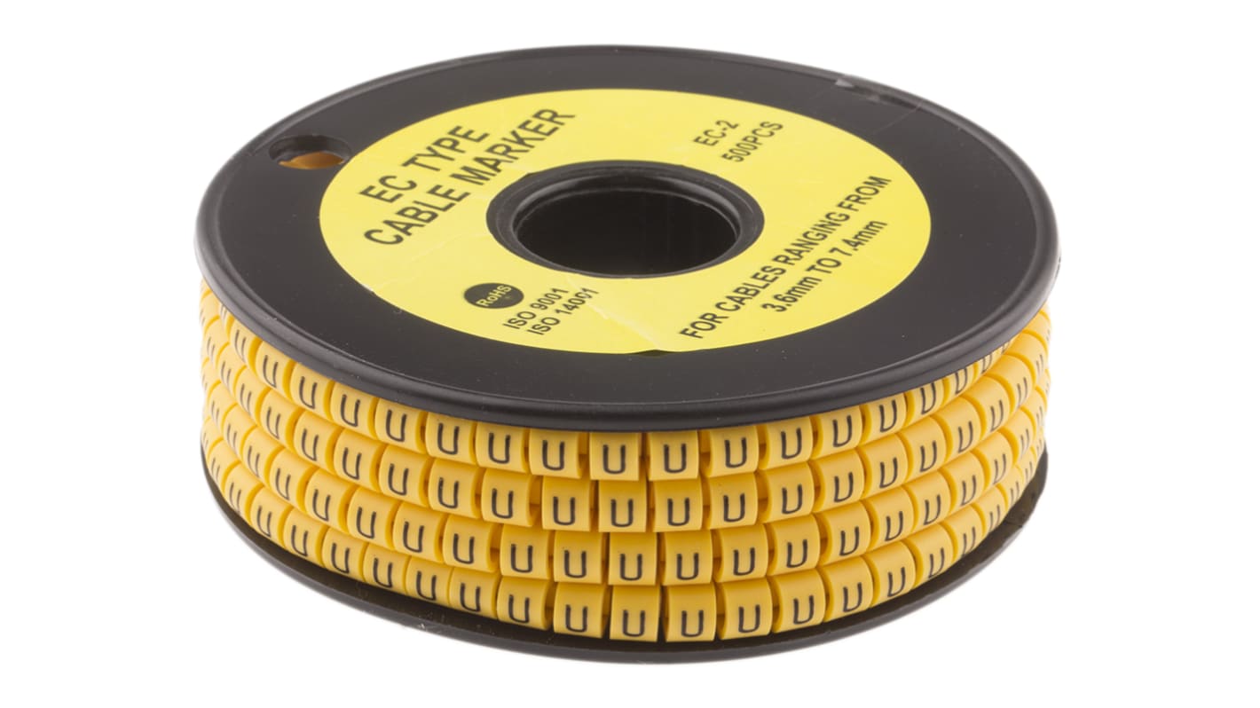 Marcadores de cable RS PRO de PVC Negro sobre Amarillo, texto: U, Ø máx. 7.4mm, montaje: Deslizante, 500 uds.