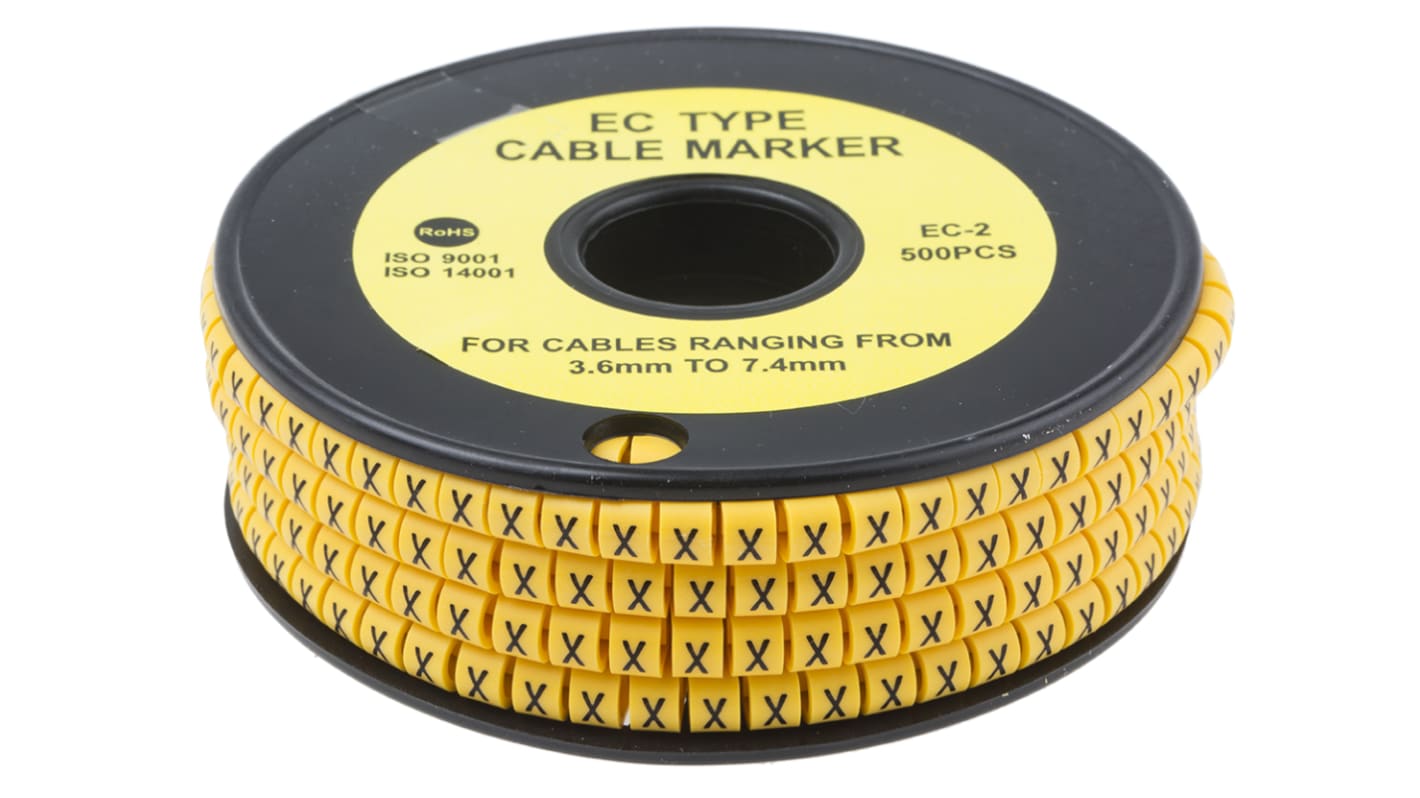 Marcadores de cable RS PRO de PVC Negro sobre Amarillo, texto: X, Ø máx. 7.4mm, montaje: Deslizante, 500 uds.