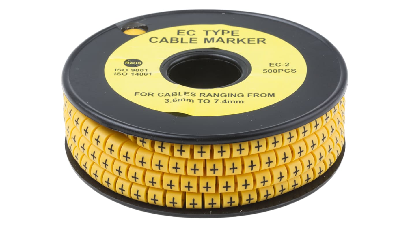 RS PRO Slide On Cable Markers, Black on Yellow, Pre-printed "+", 3.6 → 7.4mm Cable