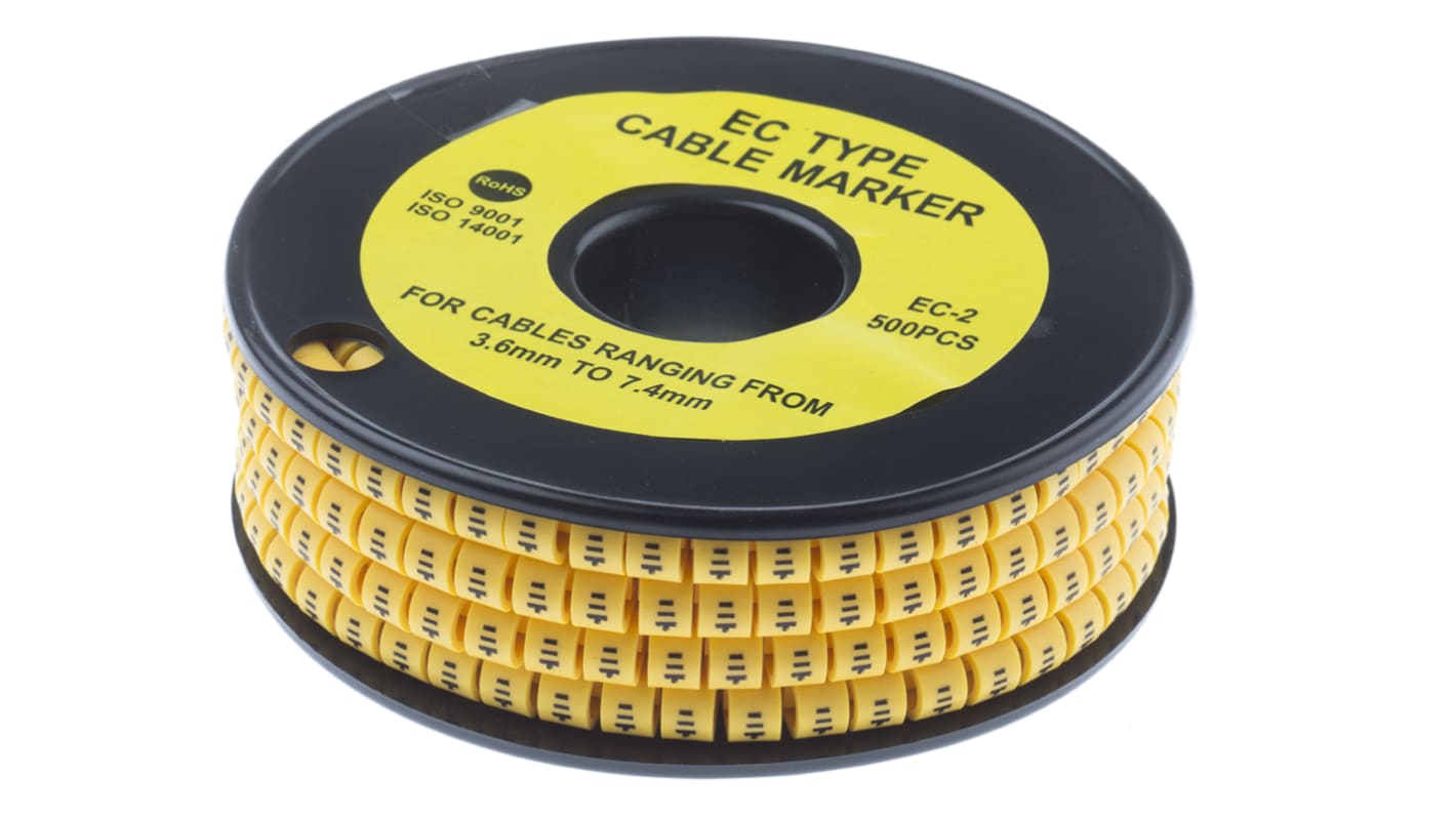 RS PRO Slide On Cable Markers, Black on Yellow, Pre-printed "Earth Symbol", 3.6 → 7.4mm Cable