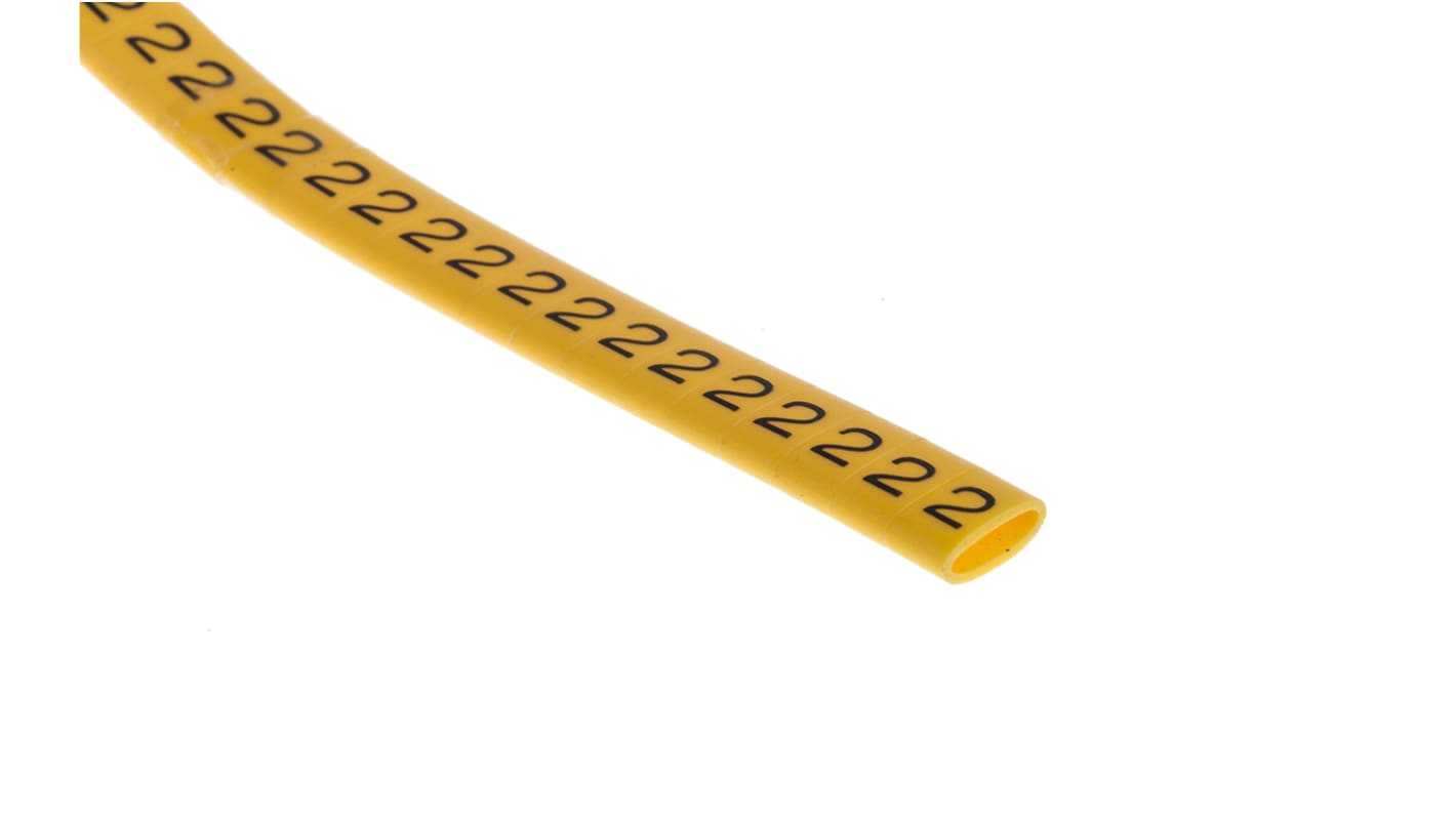 RS PRO Slide On Cable Markers, Black on Yellow, Pre-printed "2", 3.5 → 7mm Cable