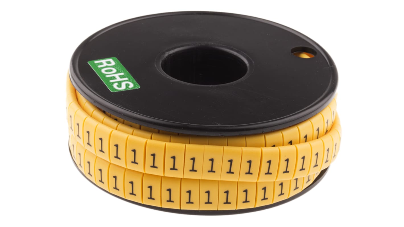 RS PRO Slide On Cable Markers, Black on Yellow, Pre-printed "1", 3.5 → 7mm Cable