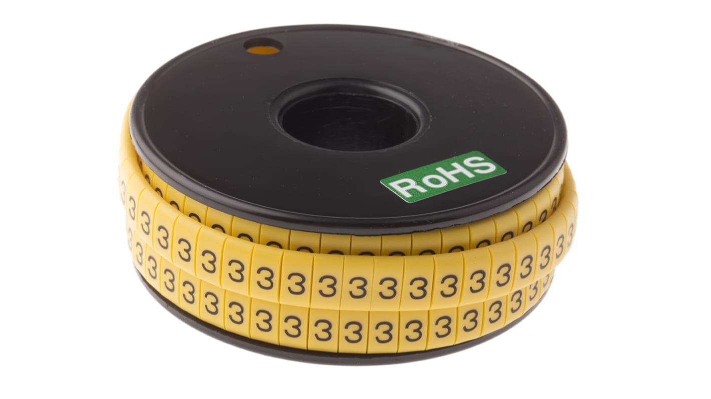 RS PRO Kábeljelölők, rögzítés módja:Felcsúsztatás, mennyiség: 500, hossz: 5mm Nem, Fekete sárga háttéren 3