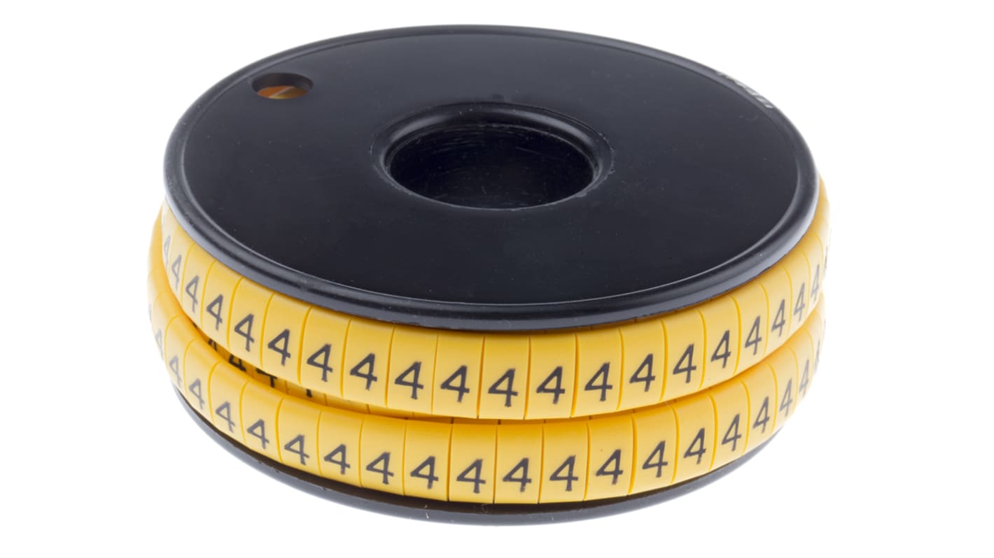 RS PRO Slide On Cable Markers, Black on Yellow, Pre-printed "4", 3.5 → 7mm Cable