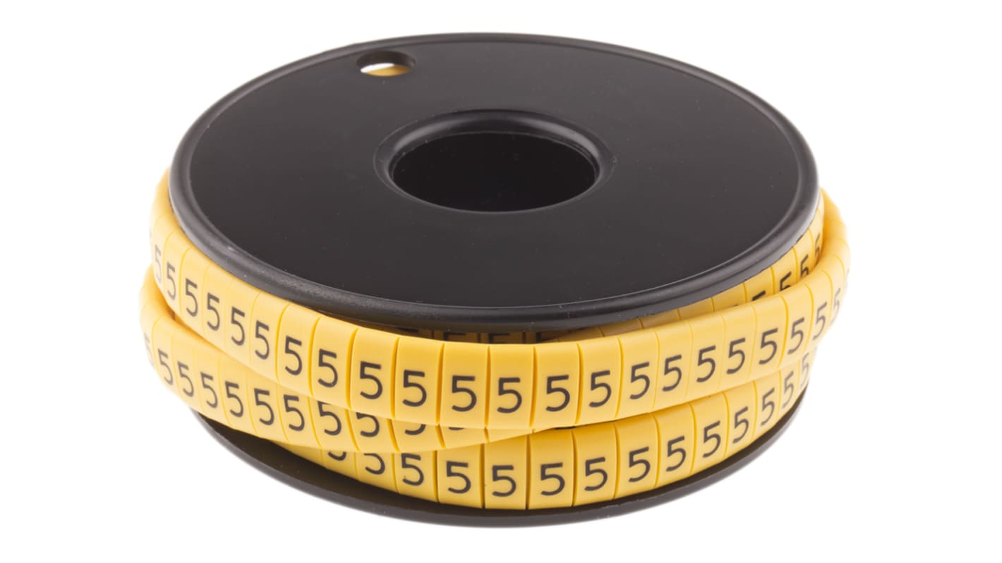 RS PRO Slide On Cable Markers, Black on Yellow, Pre-printed "5", 3.5 → 7mm Cable