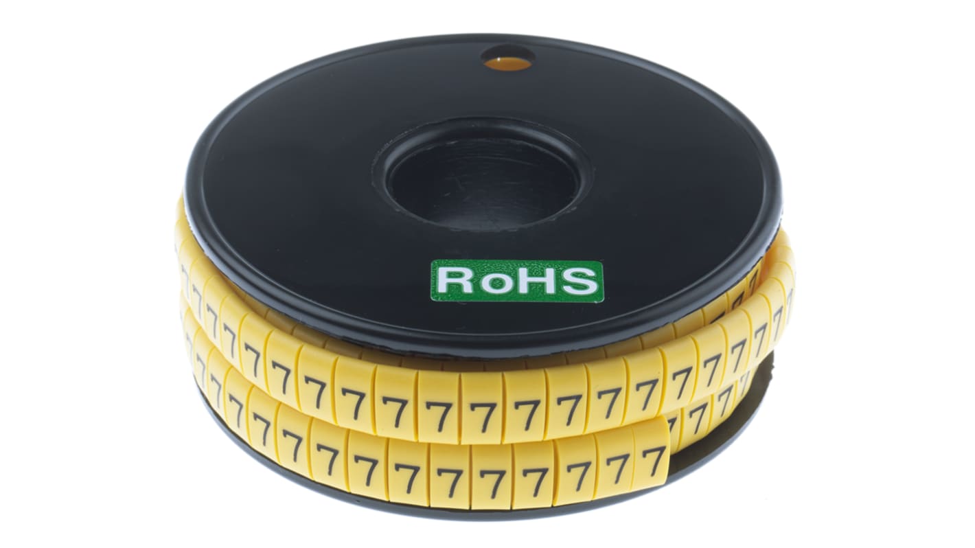 RS PRO Slide On Cable Markers, Black on Yellow, Pre-printed "7", 3.5 → 7mm Cable