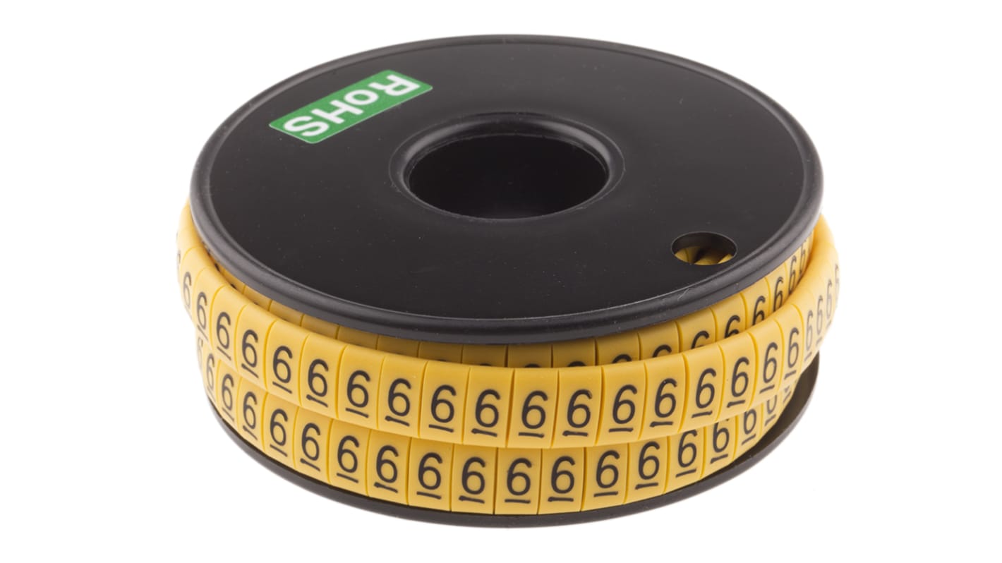 RS PRO Slide On Cable Markers, Black on Yellow, Pre-printed "6", 3.5 → 7mm Cable