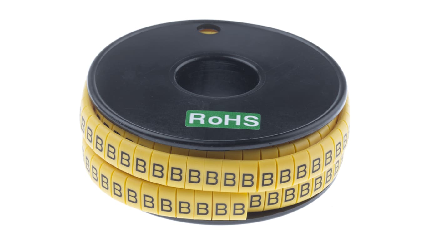 RS PRO Slide On Cable Markers, Black on Yellow, Pre-printed "B", 3.5 → 7mm Cable