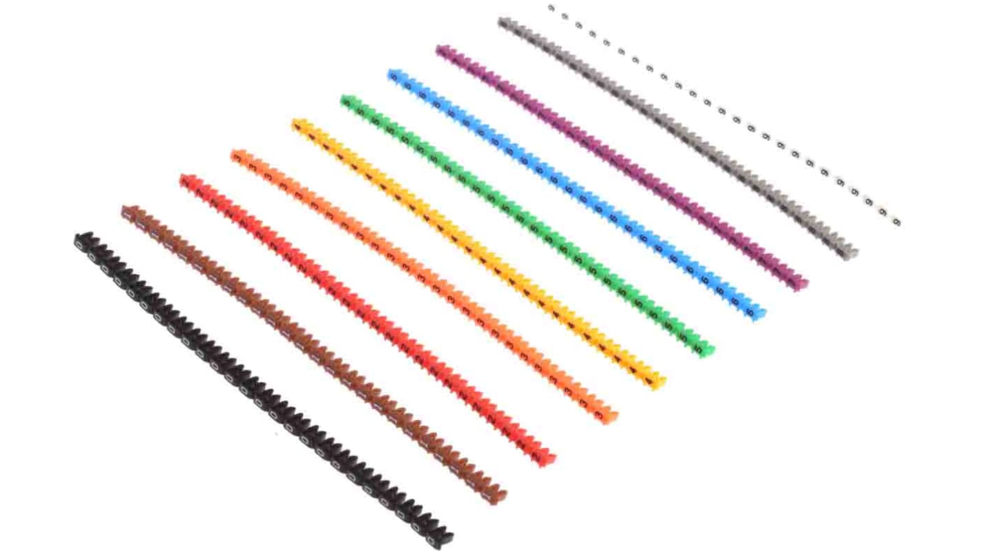 Marqueurs de câbles RS PRO Clipsable, texte : 0 → 9, Noir, Marron, Vert, Gris, Orange, Rouge, Violet, Blanc,