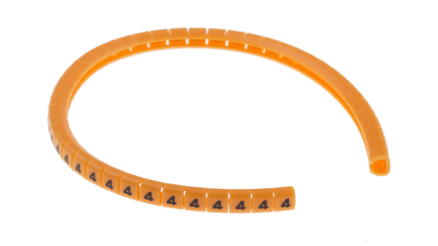 Marqueurs de câbles RS PRO à pression , Ø câble 3 → 3.4mm, texte : 4, Noir sur Orange