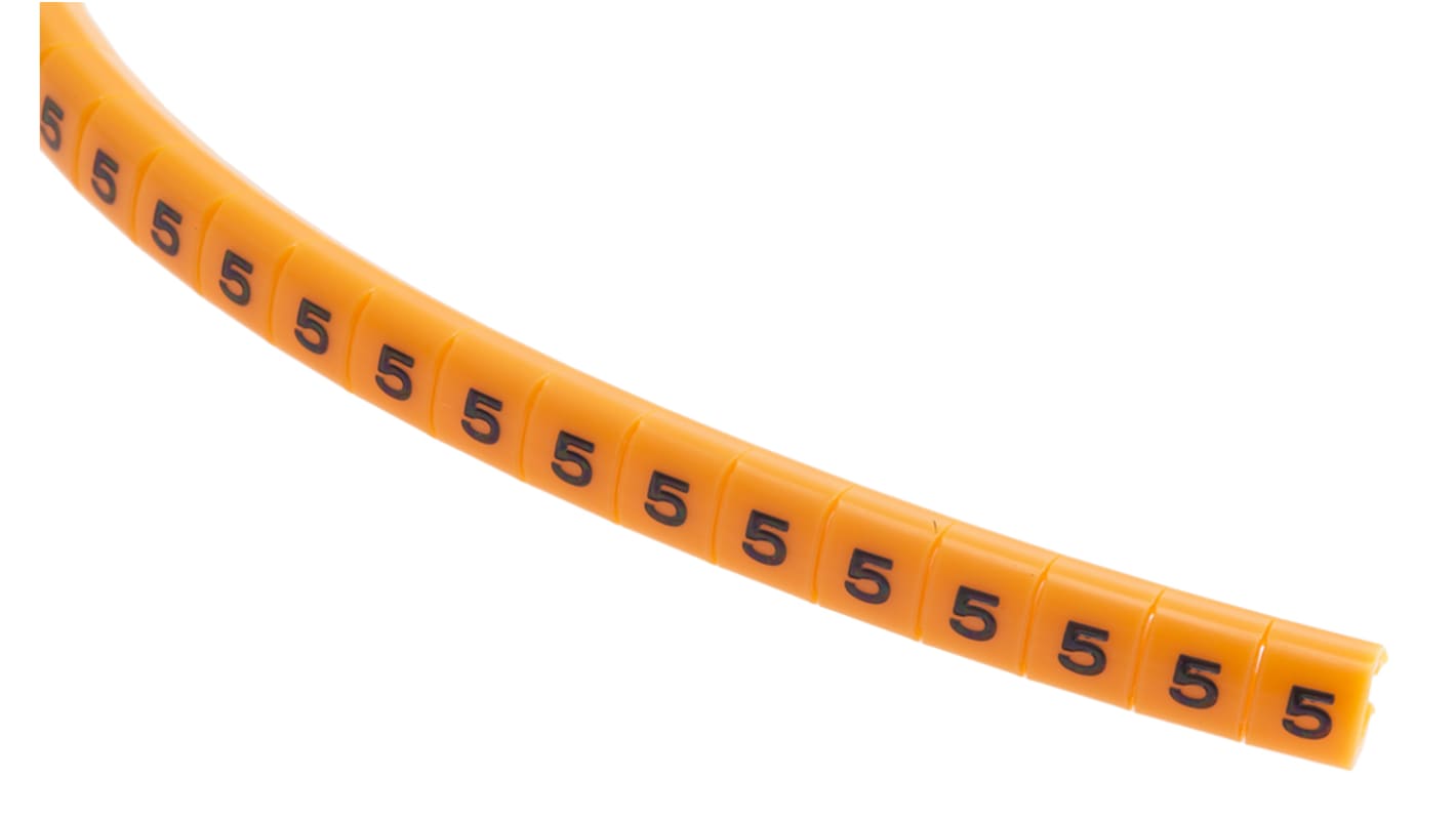 RS PRO Snap On Cable Markers, Black on Orange, Pre-printed "5", 3 → 3.4mm Cable