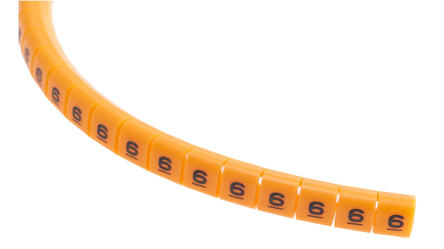 RS PRO Snap On Cable Markers, Black on Orange, Pre-printed "6", 3 → 3.4mm Cable