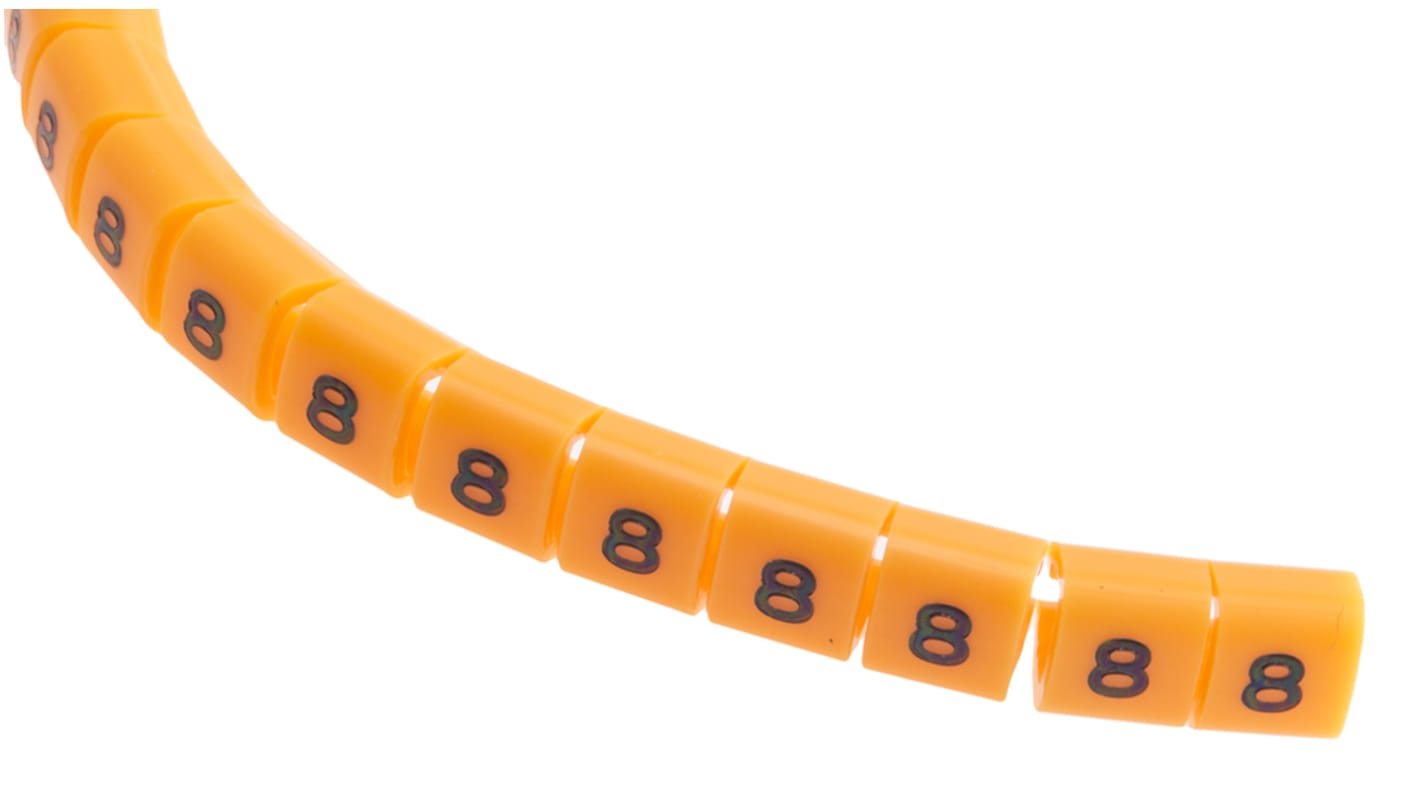 RS PRO Snap On Cable Markers, Black on Orange, Pre-printed "8", 3 → 3.4mm Cable