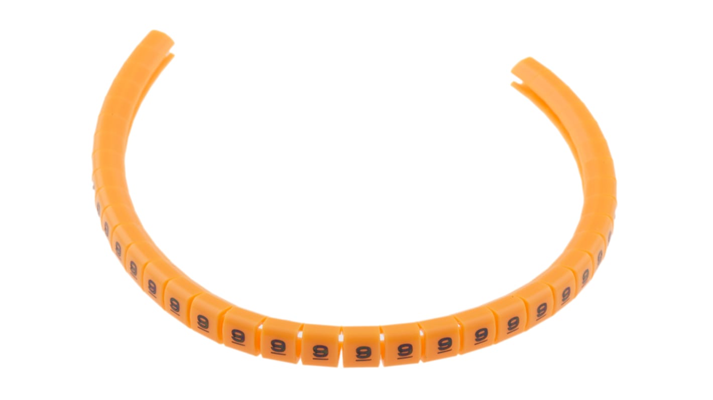 Marqueurs de câbles RS PRO à pression , Ø câble 3 → 3.4mm, texte : 9, Noir sur Orange
