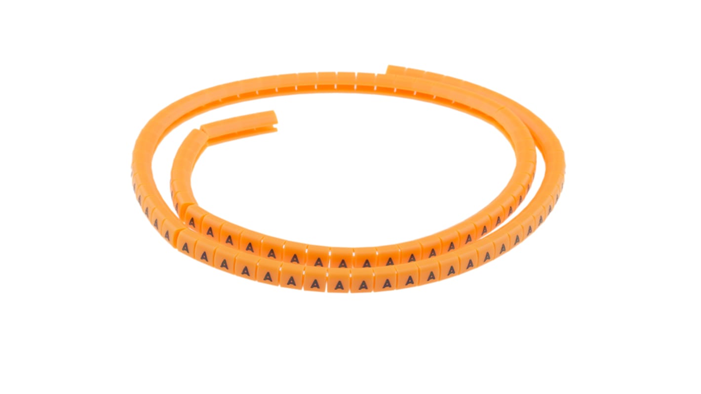 Marqueurs de câbles RS PRO à pression , Ø câble 3 → 3.4mm, texte : A, Noir sur Orange