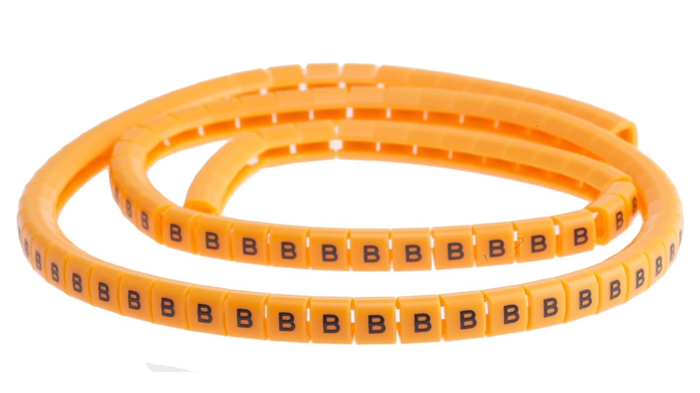RS PRO Snap On Cable Markers, Black on Orange, Pre-printed "B", 3 → 3.4mm Cable