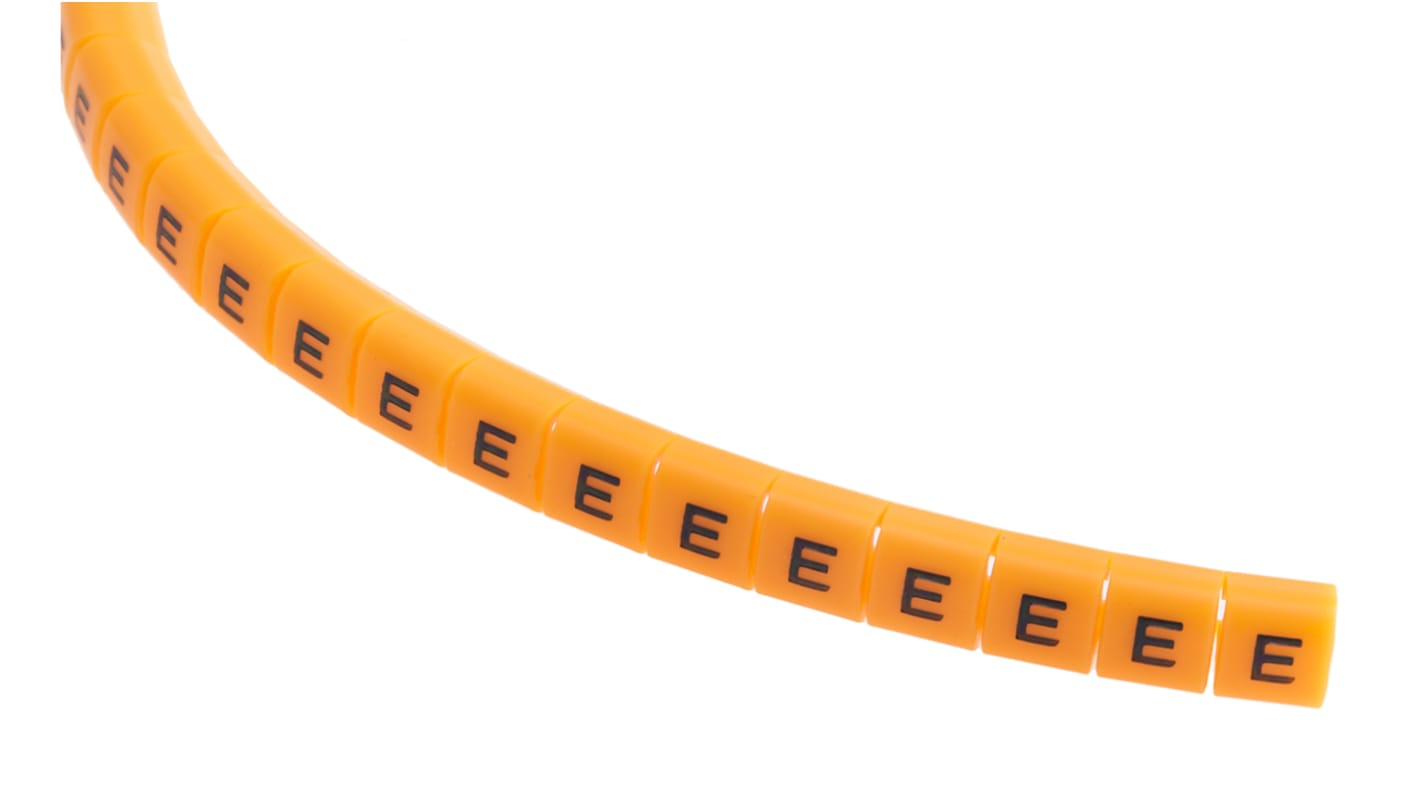 RS PRO Snap On Cable Markers, Black on Orange, Pre-printed "E", 3 → 3.4mm Cable