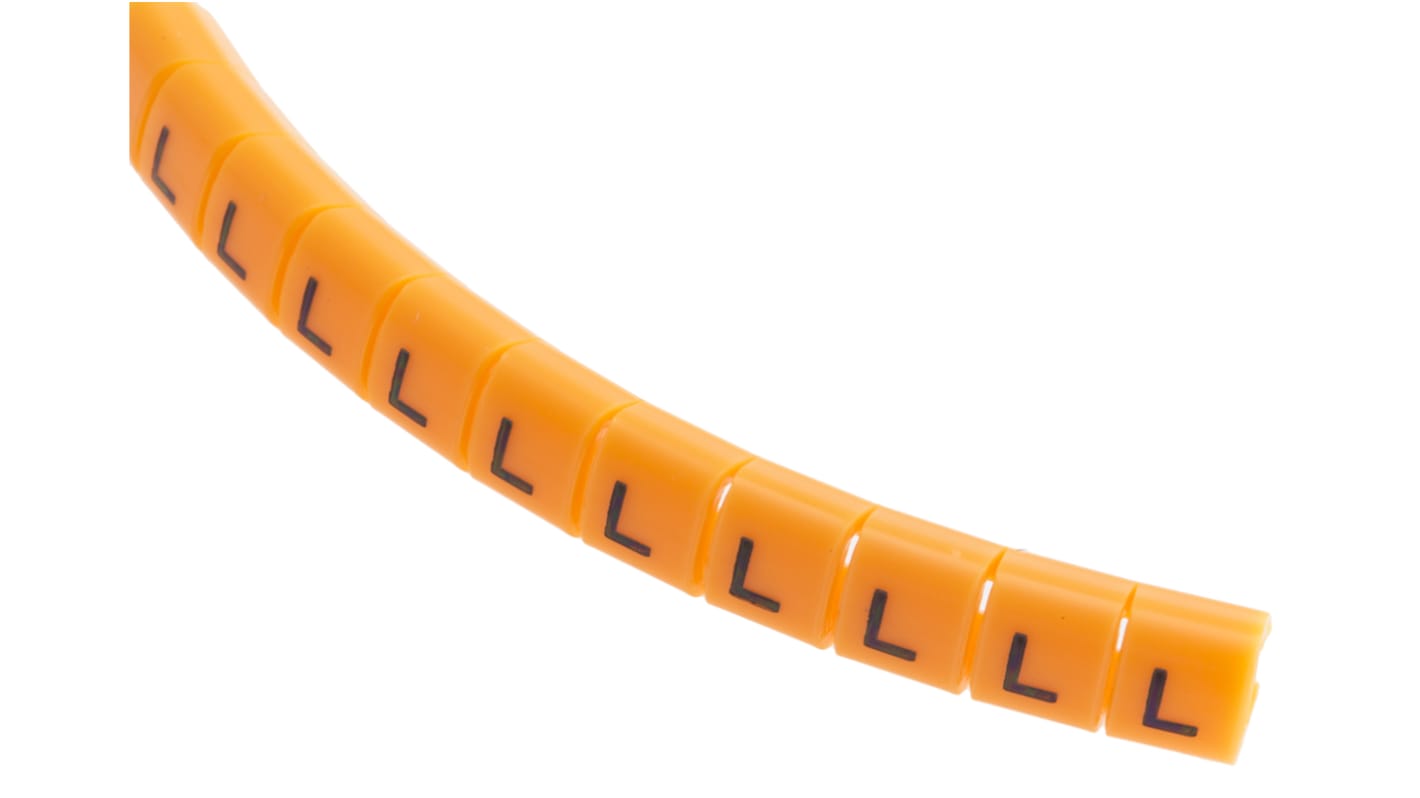 RS PRO Snap On Cable Markers, Black on Orange, Pre-printed "L", 3 → 3.4mm Cable