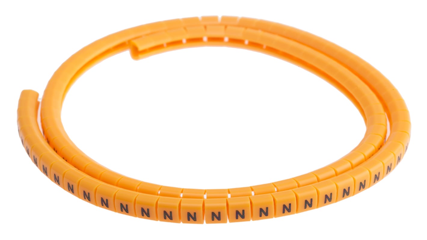 RS PRO Snap On Cable Marker, Black on Orange, Pre-printed "N", 3 → 3.4mm Cable